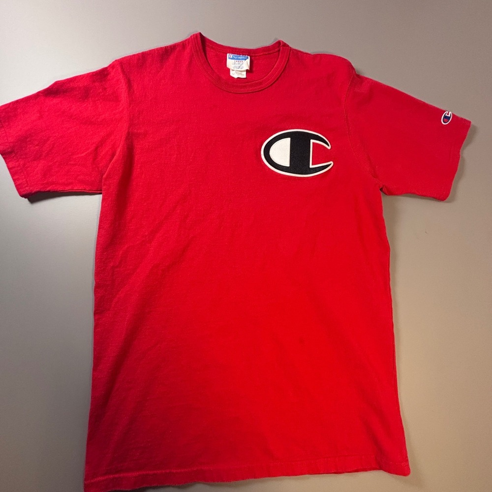 Champion Big‎ C Logo Embroidered T Shirt Red Cotton Mens Large Graphic Tee